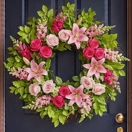 Spring door wreath with hot pink and pink roses, lilies and snapdragons, close-up on a navy front door