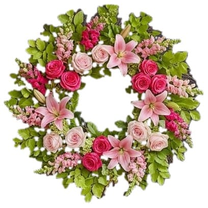 Spring door wreath with hot pink and pink roses, lilies and snapdragons on a white background