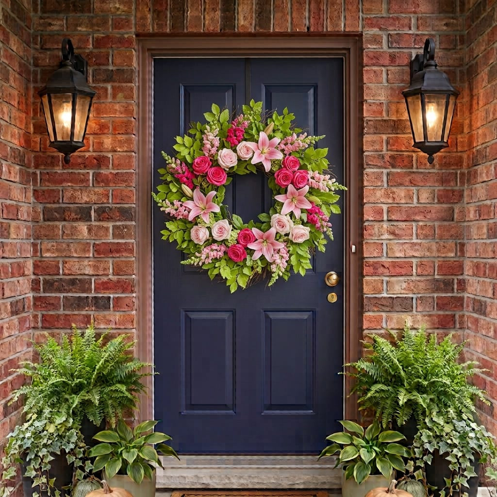 Spring door wreath with hot pink and pink roses, lilies and snapdragons hanging on a front door