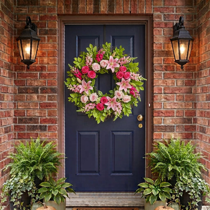 Spring door wreath with hot pink and pink roses, lilies and snapdragons hanging on a front door