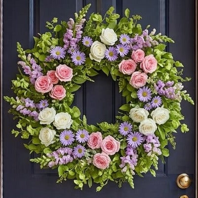 Spring door wreath with pink and white roses, lavender snapdragons and asters, close-up on a navy front door