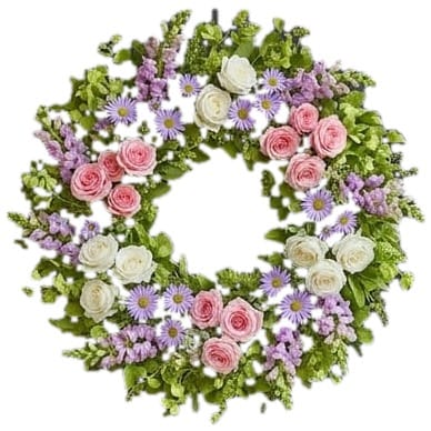 Spring door wreath with pink and white roses, lavender snapdragons and asters on a white background