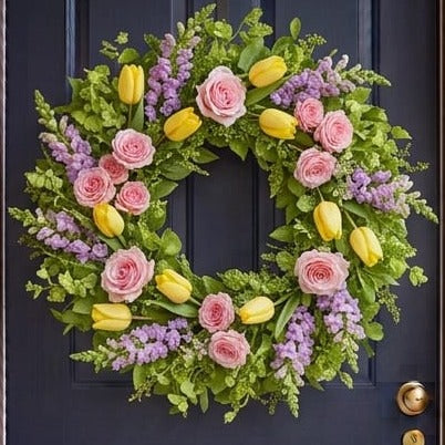 Spring door wreath with pink roses, yellow tulips and lavender snapdragons, close-up on a navy front door