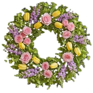 Spring door wreath with pink roses, yellow tulips and lavender snapdragons on a white background