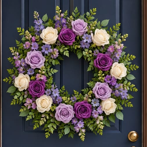 Summer door wreath with purple and white roses, delphinium and snapdragons, close-up on a navy front door