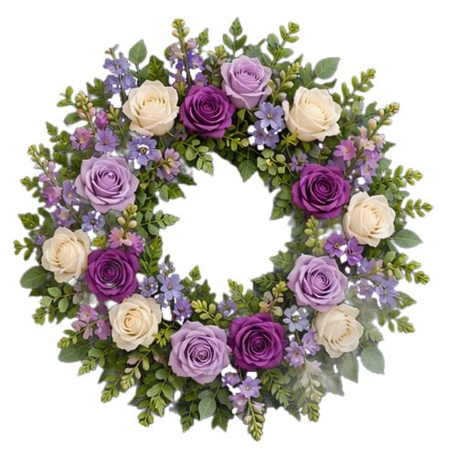 Summer door wreath with purple and white roses, delphinium and snapdragons on a white background
