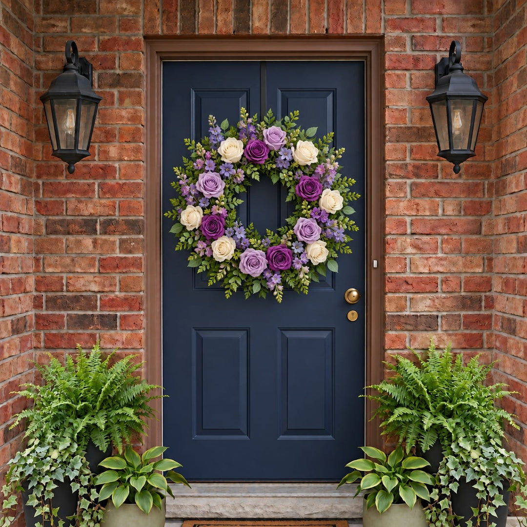 Summer door wreath with purple and white roses, delphinium and snapdragons on a navy front door