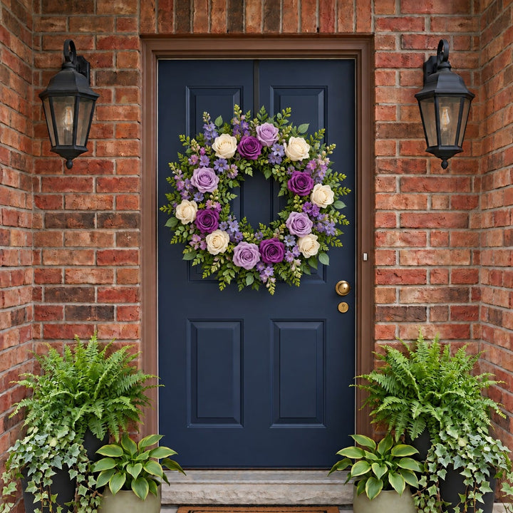 Summer door wreath with purple and white roses, delphinium and snapdragons on a navy front door