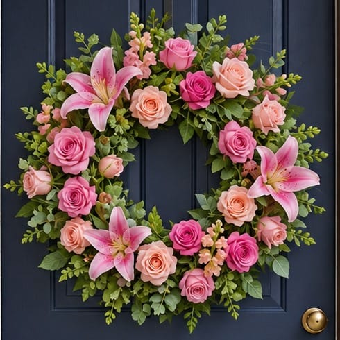 Summer door wreath with pink and peach roses, lilies and snapdragons, close-up on a navy front door