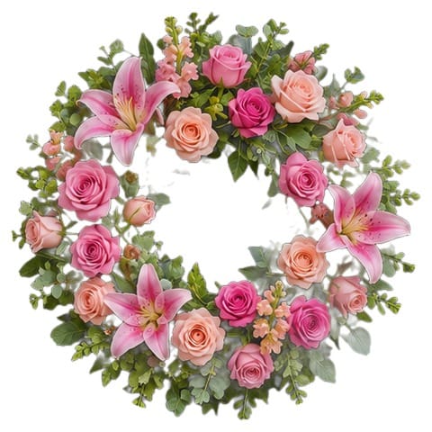 Summer door wreath with pink and peach roses, lilies and snapdragons on a white background