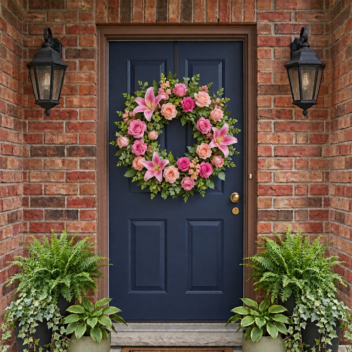 Summer door wreath with pink and peach roses, lilies and snapdragons on a navy front door