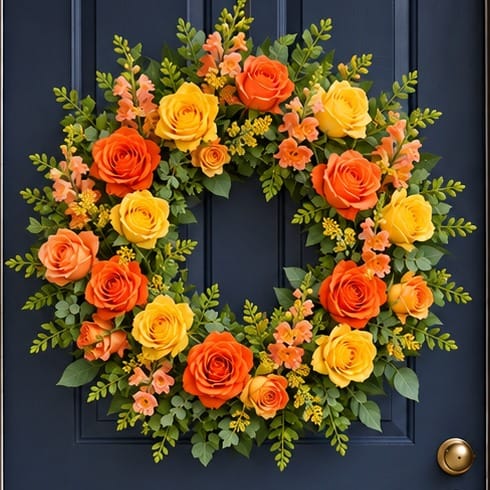 Summer door wreath with orange and yellow roses and snapdragons, close-up on a navy front door