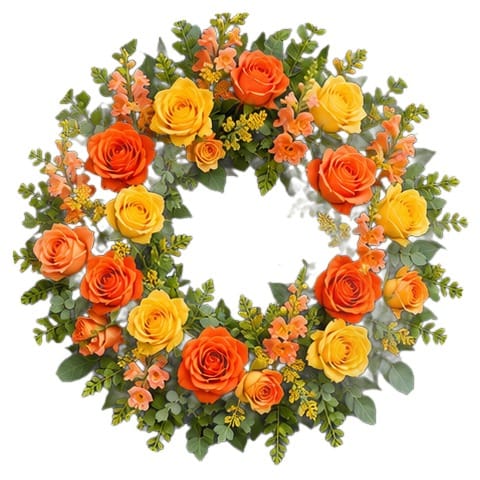 Summer door wreath with orange and yellow roses and snapdragons on a white background
