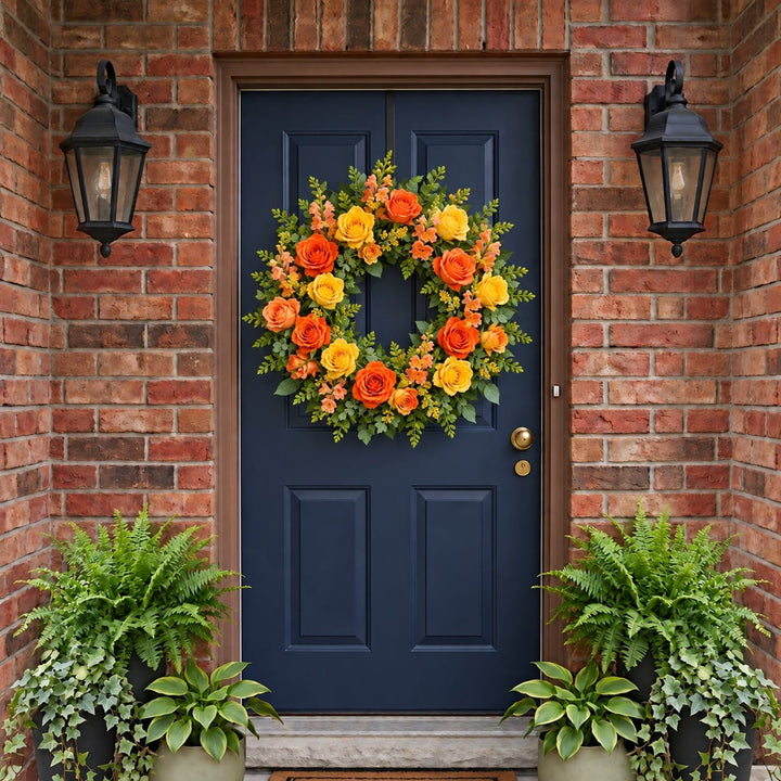 Summer door wreath with orange and yellow roses and snapdragons on a navy front door