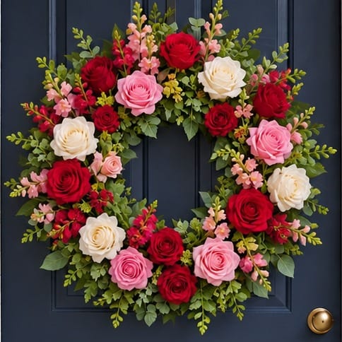 Summer door wreath with red, pink and white roses and snapdragons, close-up on a navy front door