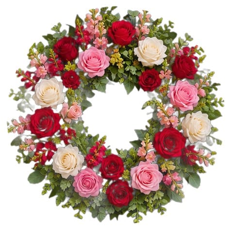 Summer door wreath with red, pink and white roses and snapdragons on a white background