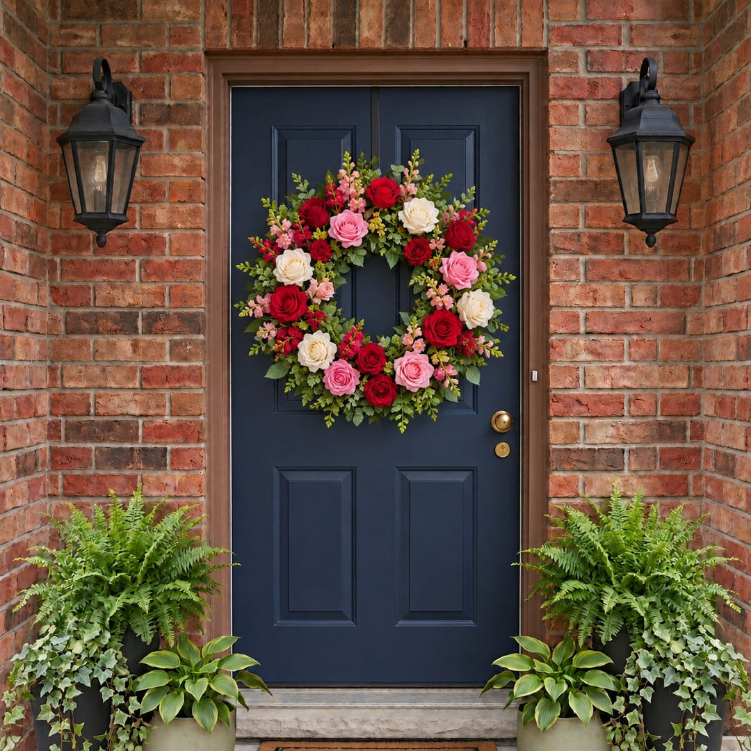 Summer door wreath with red, pink and white roses and snapdragons on a navy front door