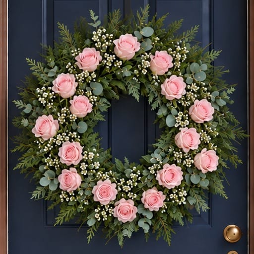 Winter door wreath with soft pink roses and baby's breath, close-up on a navy front door