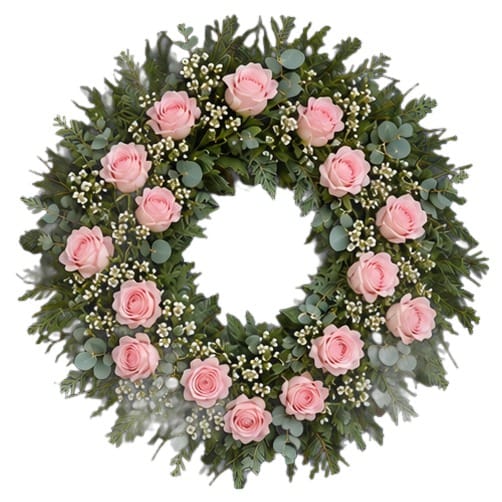 Winter door wreath with soft pink roses and baby's breath on a white background