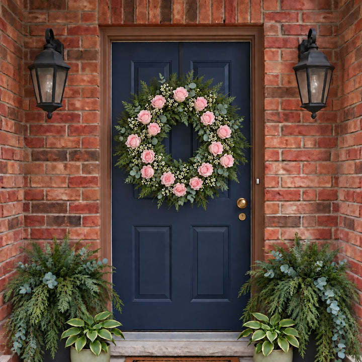 Winter door wreath with soft pink roses and baby's breath on a navy front door