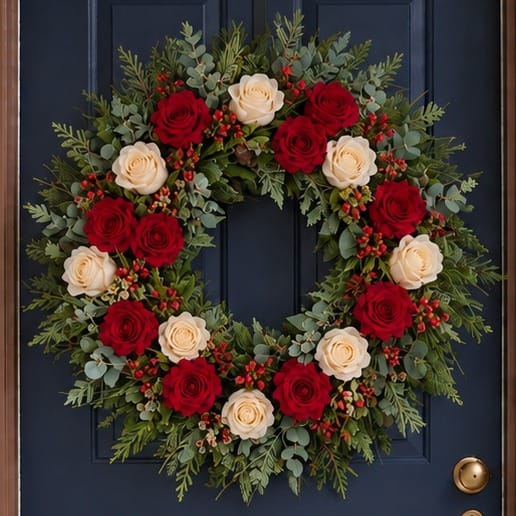 Winter door wreath with red and cream roses and hypericum berries, close-up on a navy front door