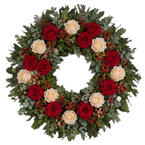 Winter door wreath with red and cream roses and hypericum berries on a white background