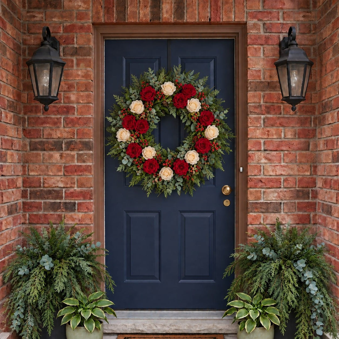 Winter door wreath with red and cream roses and hypericum berries on a navy front door