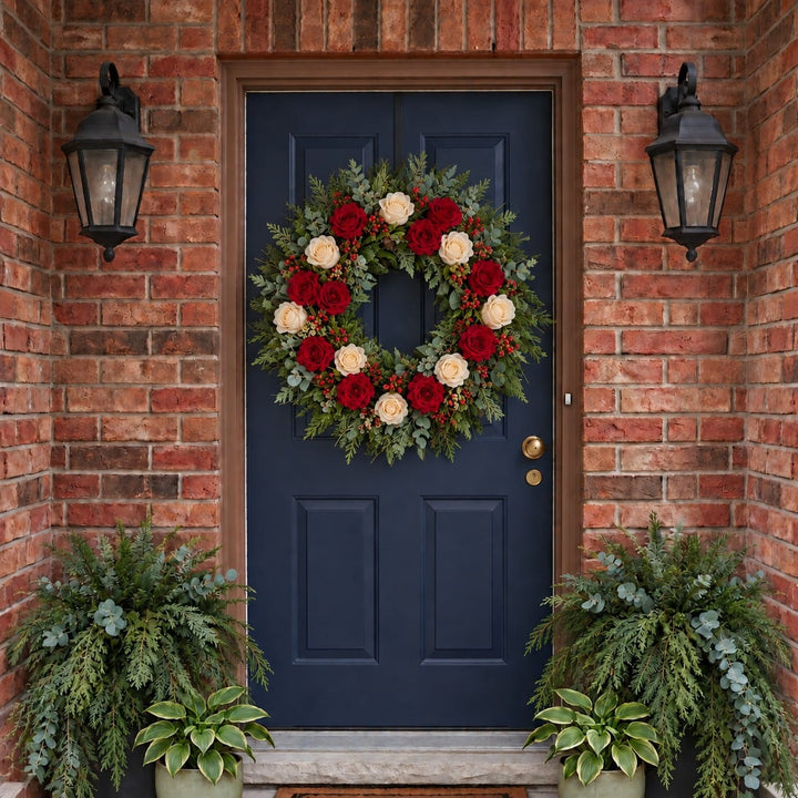 Winter door wreath with red and cream roses and hypericum berries on a navy front door