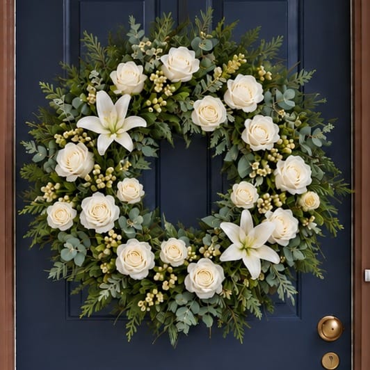 Winter door wreath with white roses, lilies and hypericum berries, close-up on a navy front door
