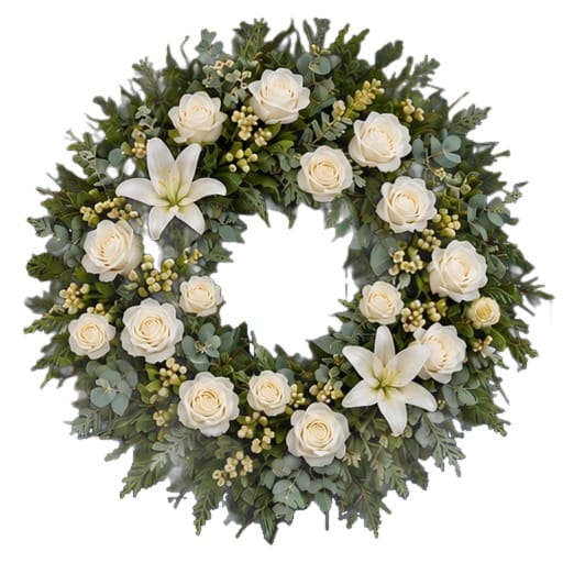 Winter door wreath with white roses, lilies and hypericum berries on a white background