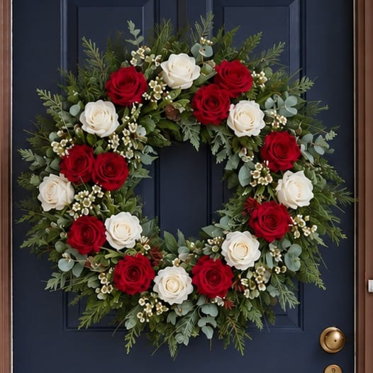 Winter door wreath with red and white roses and waxflower, close-up on a navy front door
