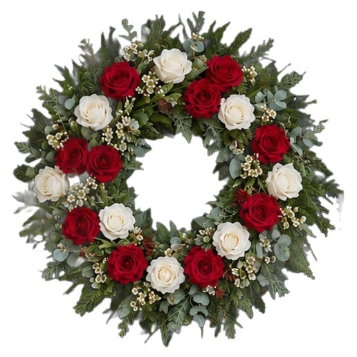Winter door wreath with red and white roses and waxflower on a white background